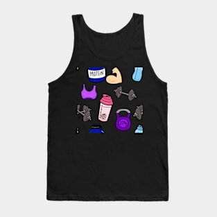 Gym girl Gym Essentials Protein, Shaker, Bra, Kettlebell, Dumbbell, Water bottle Tank Top